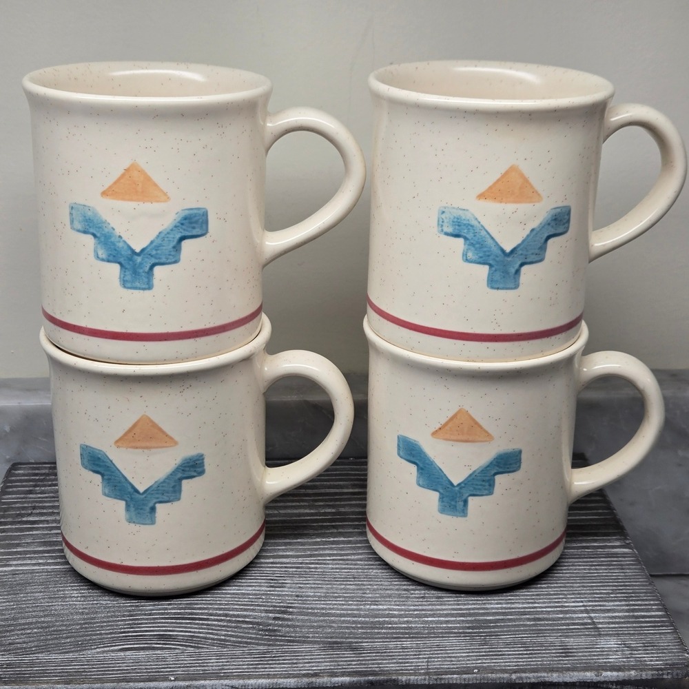 VTG Pfaltzgraff Saratoga Aztec Southwestern Speckled Stoneware Mugs, Set 4, RARE